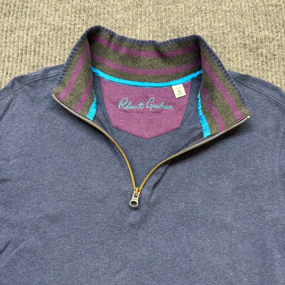 Robert Graham Blue Quarter Zip Pullover Sweater Medium Cotton Luxury Casual - Picture 2 of 12